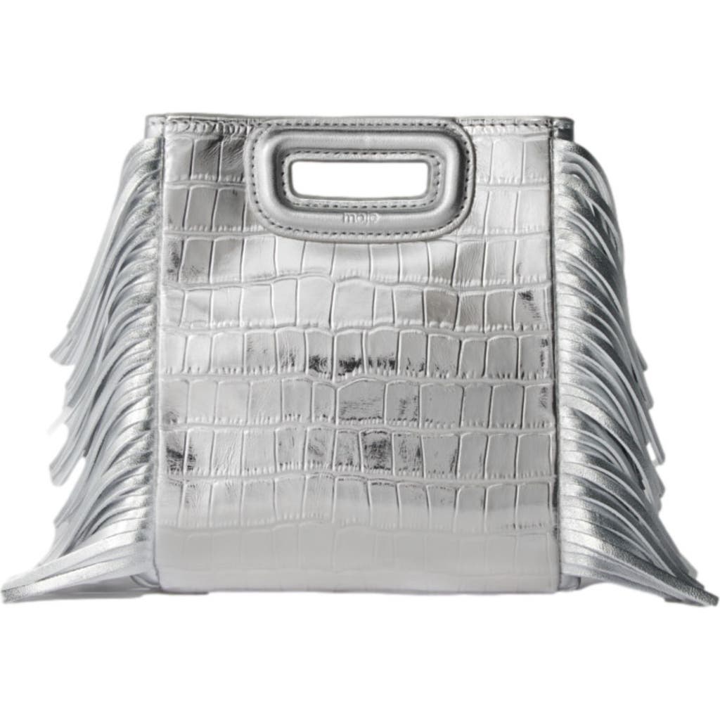 Maje Croc Metallic Leather Mini Shoulder Bag In Silver