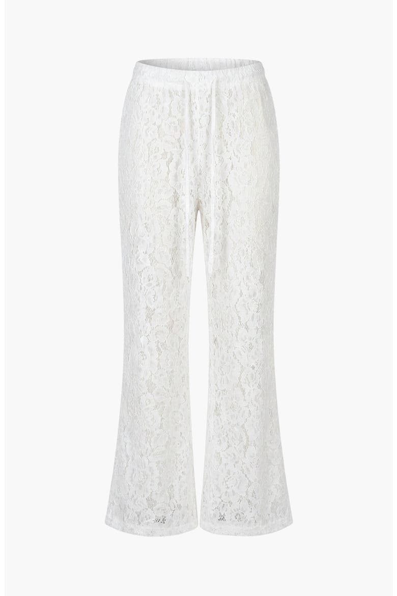 High Waist Lace Pants with Sheer Floral Overlay and Drawstring Waist, Alternate, color, White