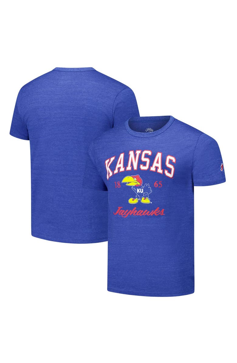 LEAGUE COLLEGIATE WEAR Men's League Collegiate Wear Heather Royal Kansas Jayhawks  Arch Script Victory Falls Tri-Blend T-Shirt, Main, color, Heather Royal