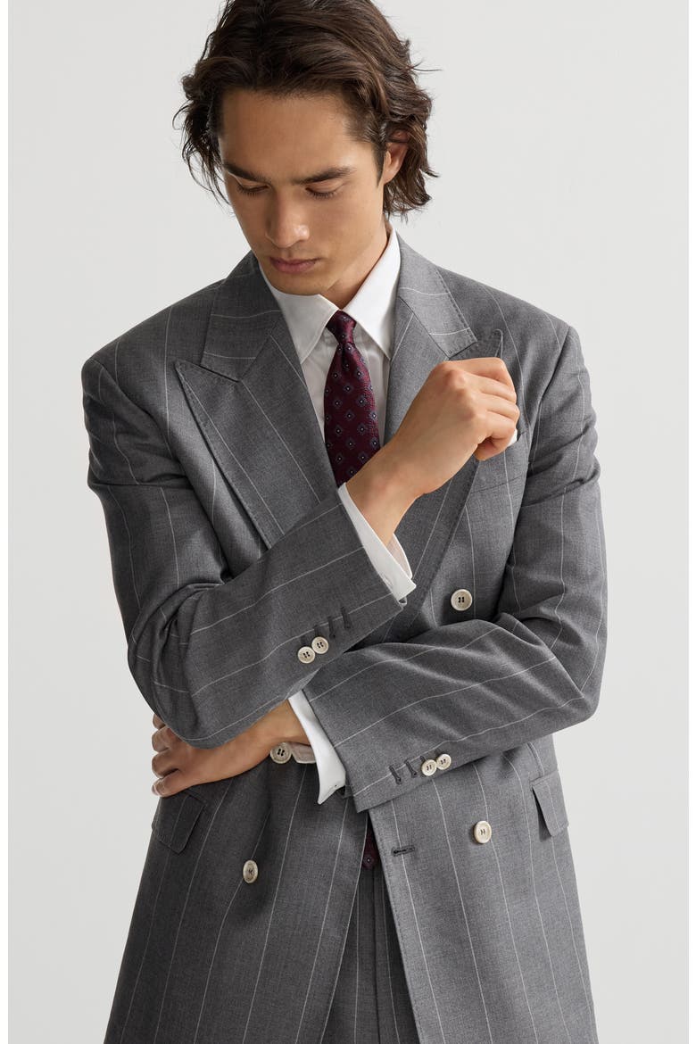 Virgin wool chalk stripe one-and-a-half breasted Tailor blazer, Alternate, color, Medium Grey
