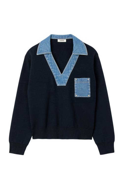 Sandro Womens Navy Blue Denim-detail Relaxed-fit Knitted Jumper In Blue