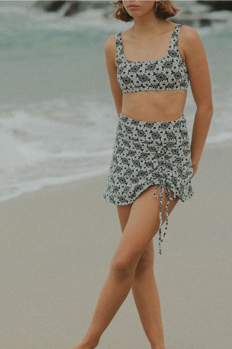 Daisy Drawstring Swim Skirt, Alternate, color, Black