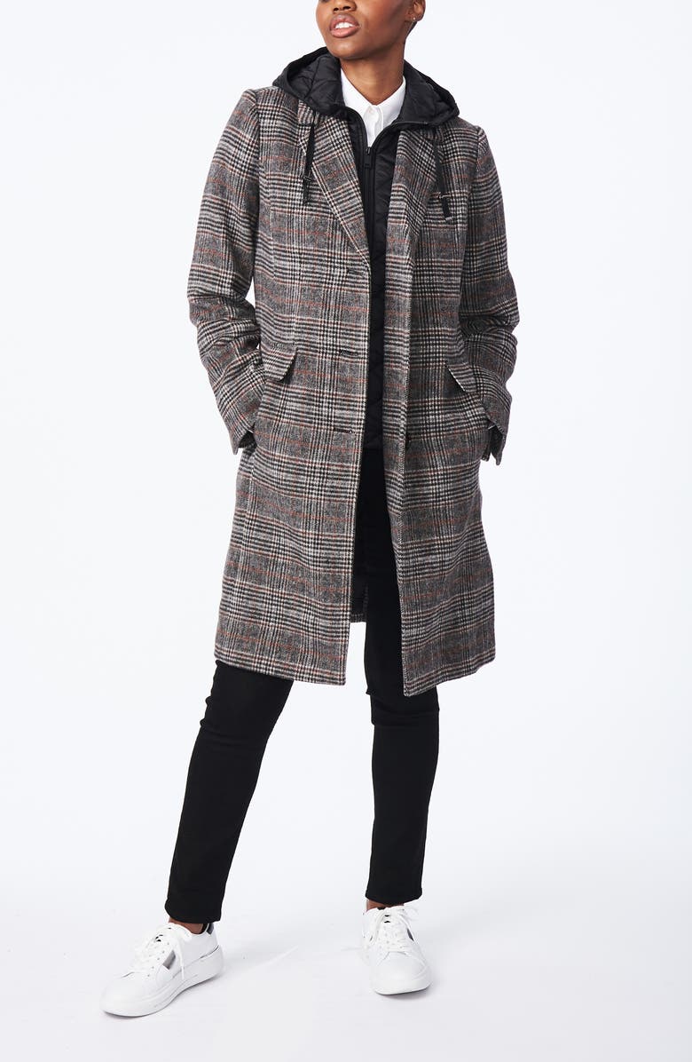 Bernardo Plaid Wool Blend Coat with Removable Hooded Bib, Alternate, color,