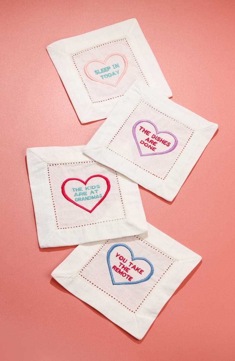 Tiramisu Set of 4 Embroidered Linen Napkins, Alternate, color, White/ Hearts