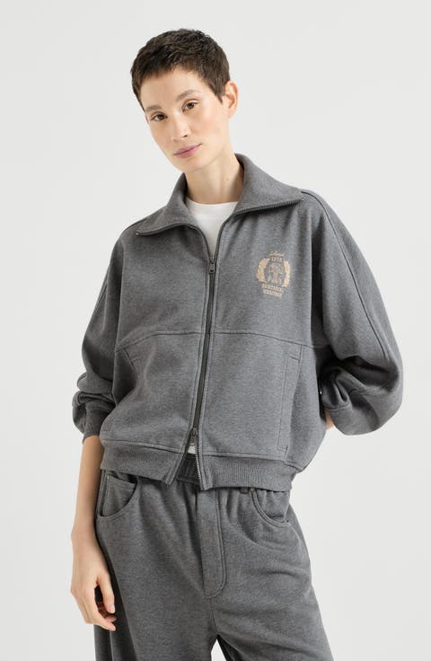 Cotton smooth French terry sweatshirt with zip and embroidered logo