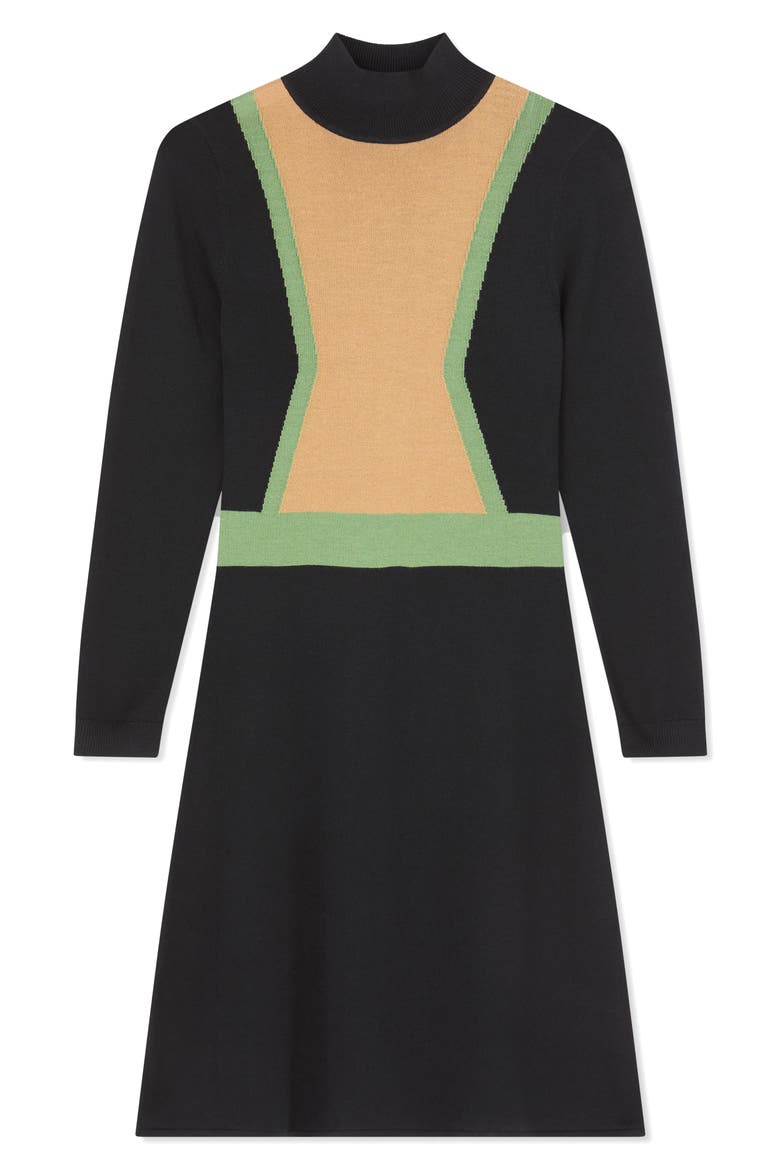 Natalia Colorblock Long Sleeve Merino Wool & Cotton Sweater Dress, Alternate, color, BLACK
