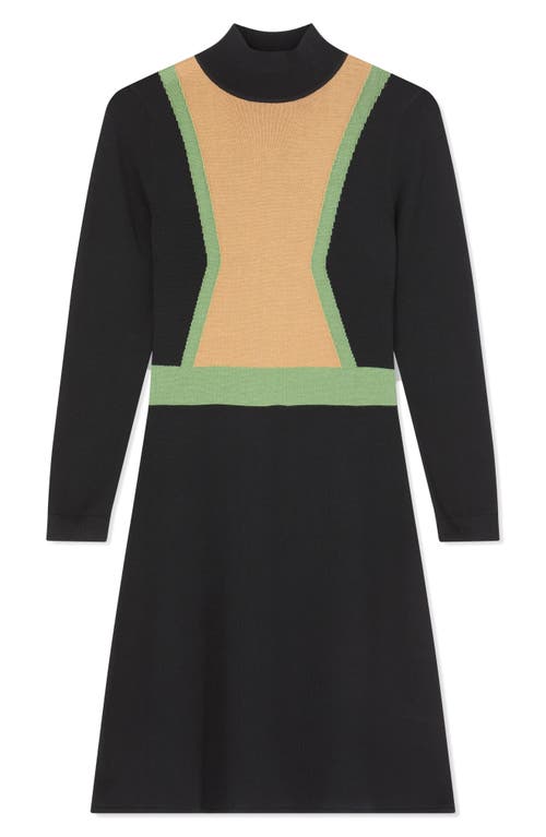 Lk Bennett Natalia Colorblock Long Sleeve Merino Wool & Cotton Sweater Dress In Black
