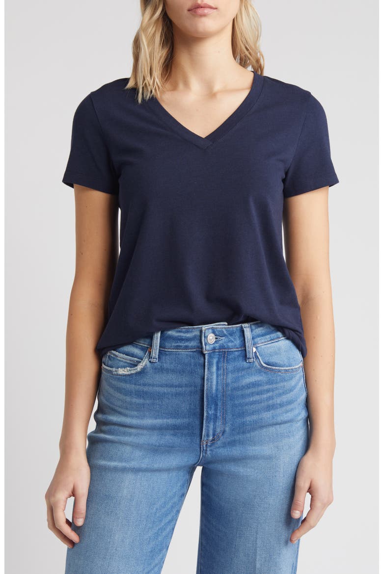 Stretch Cotton Blend V-Neck T-Shirt, Main, color, NAVY BLAZER