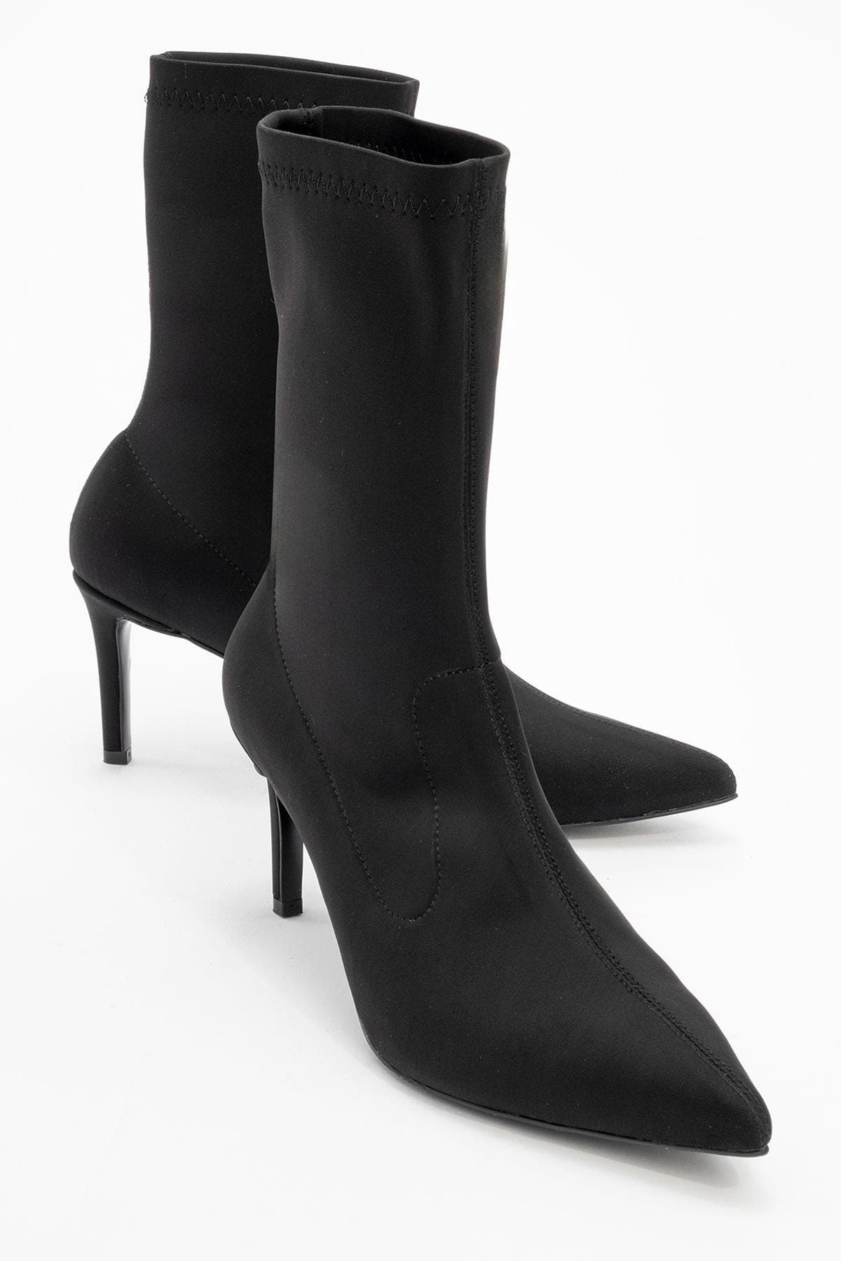 Prologue Shoes Thalin Zip Stiletto Boot, Main, color, Black Stretch Faux Leather