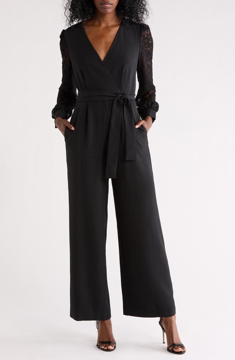 Julia Jordan Lace Long Sleeve Jumpsuit, Main, color, Black