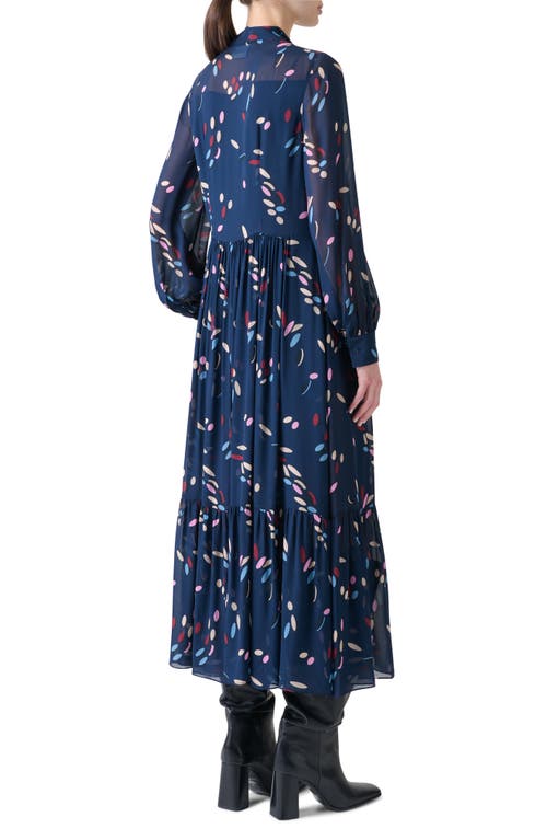 Akris Punto Dropping Dots Print Long Sleeve Georgette Midi Shirtdress In Blue