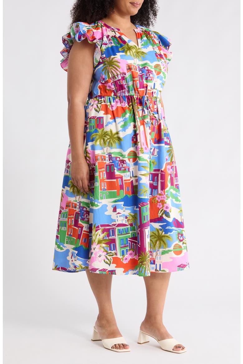 Karani Starburst Flutter Sleeve Tie Waist Midi Dress, Alternate, color, CREAM BLUE MULTI
