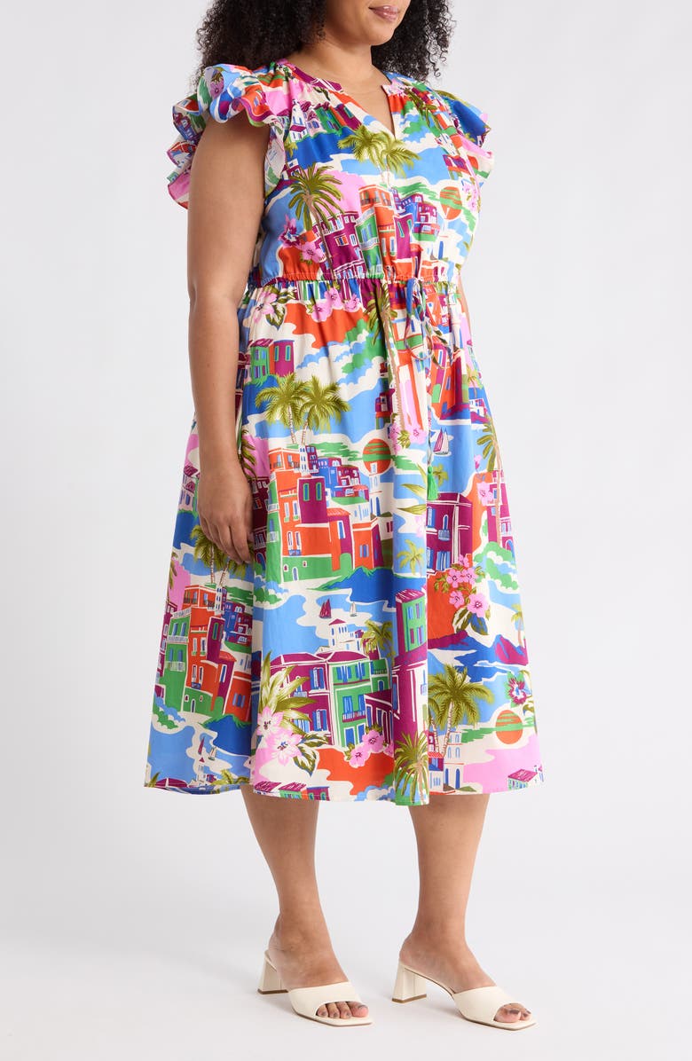 SUGARLIPS Karani Starburst Flutter Sleeve Tie Waist Midi Dress, Alternate, color, Cream Blue Multi