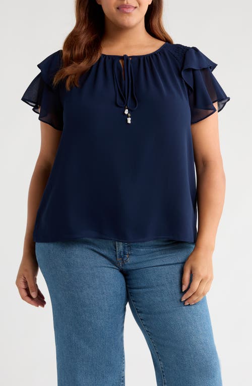 CeCe Ruffle Sleeve Tie Neck Top in Classic Navy 