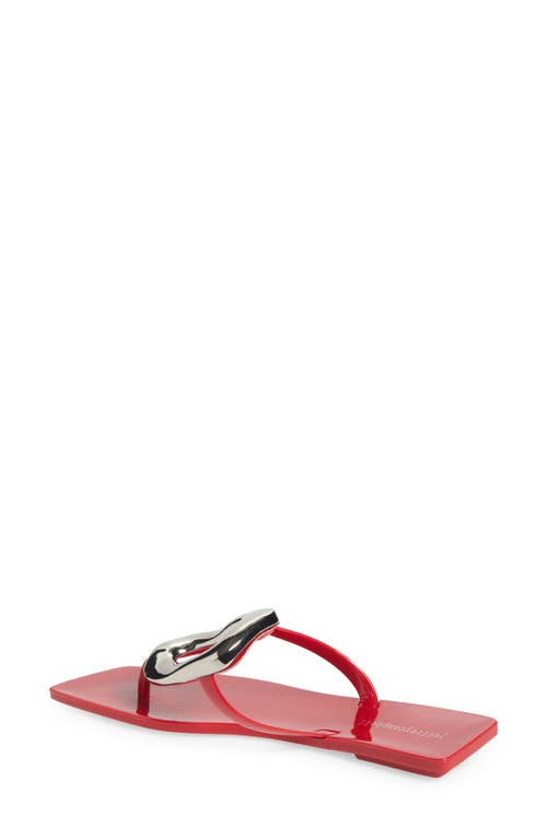 Jeffrey Campbell Linques-j Embellished T-strap Flat Jelly Sandals In Red Shiny Silver