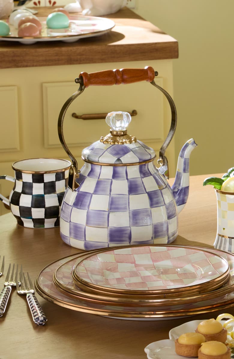 MACKENZIE CHILDS Violet Check Enameled Steel 2-Quart Tea Kettle, Alternate, color, Violet