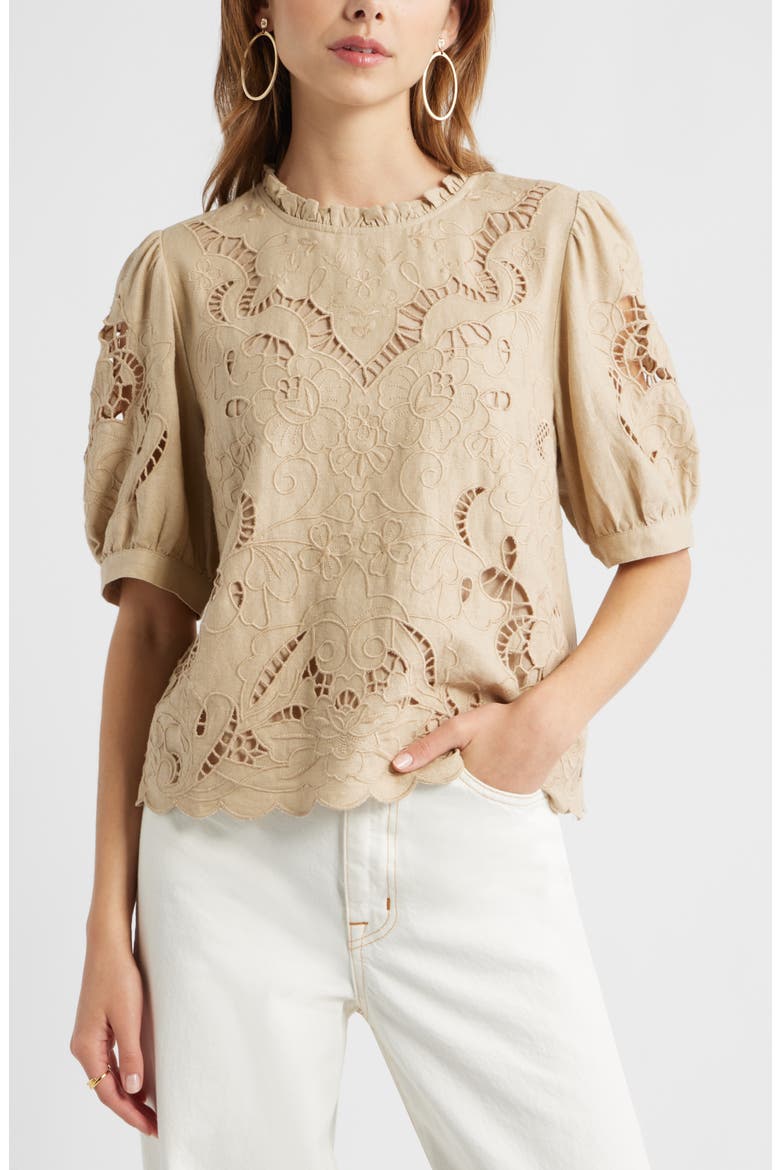 Embroidered Cutwork Puff Sleeve Linen Blend Top, Main, color, BEIGE HUMUS