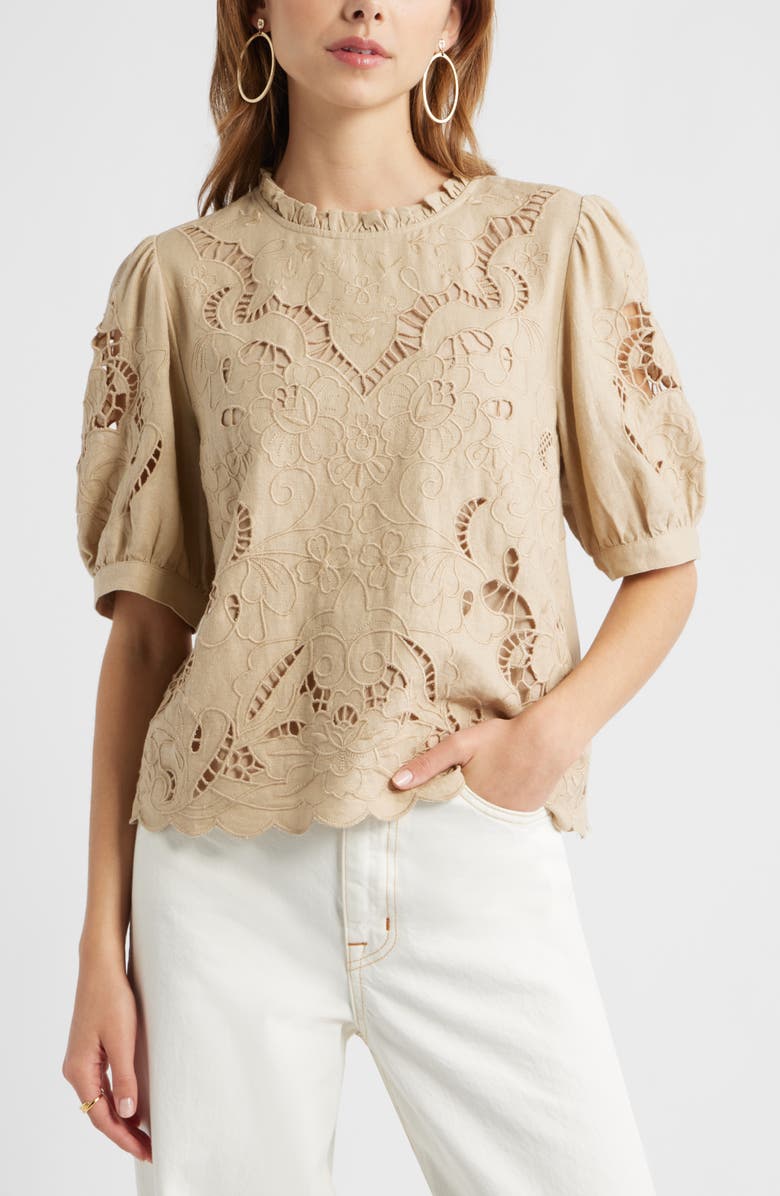 Treasure & Bond Embroidered Cutwork Puff Sleeve Linen Blend Top, Main, color, Beige Humus