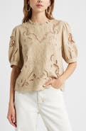 Treasure & Bond Embroidered Cutwork Puff Sleeve Linen Blend Top