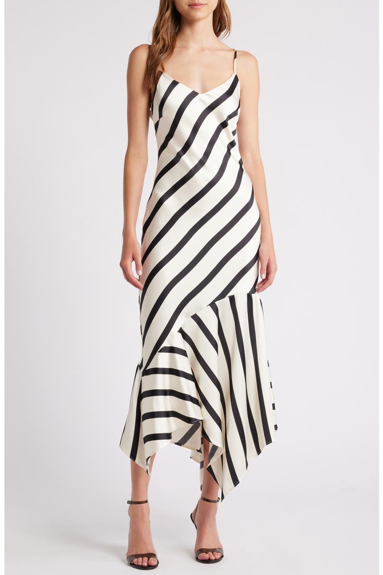 Lucille Stripe Asymmetric Hem Satin Midi Dress, Main, color, CREAM