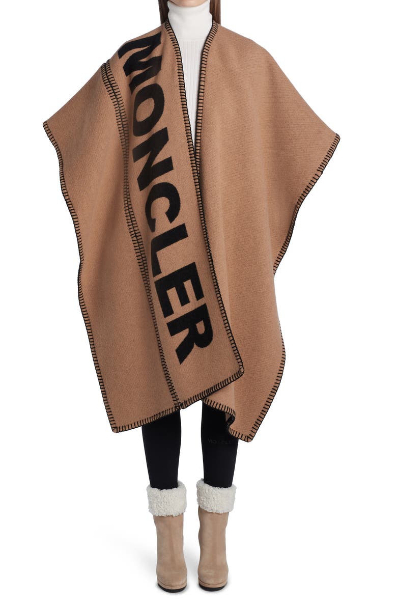 Moncler Mantella Logo Wool Blend Cape, Alternate, color, 