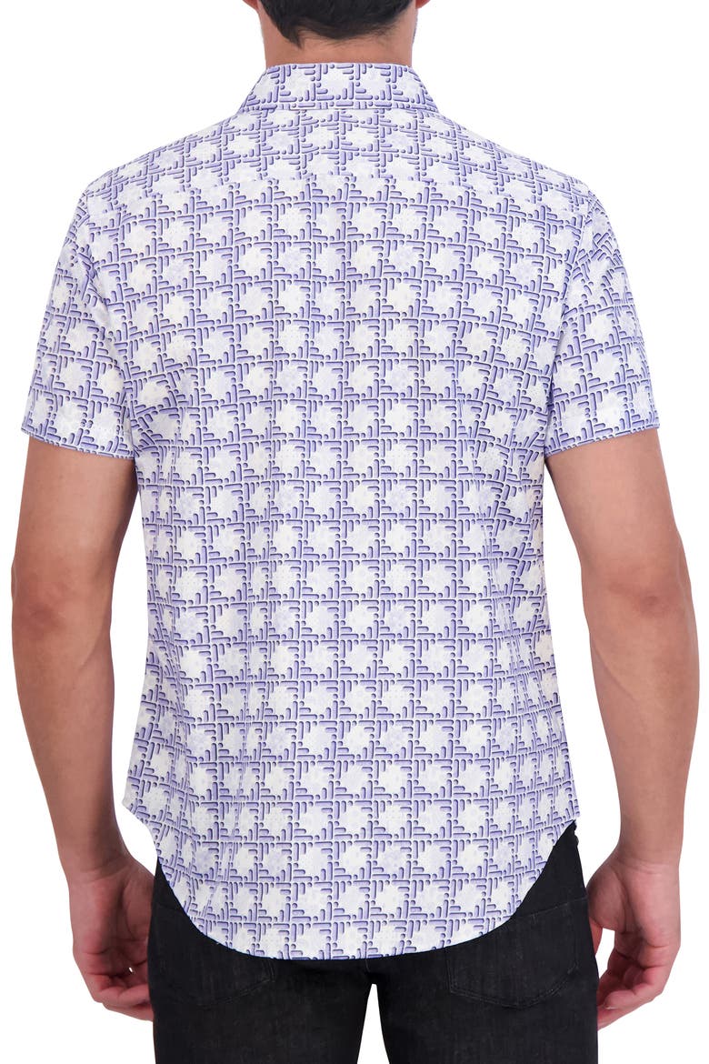 Geo Print Short Sleeve Cotton Button-Up Shirt, Alternate, color, BLUE
