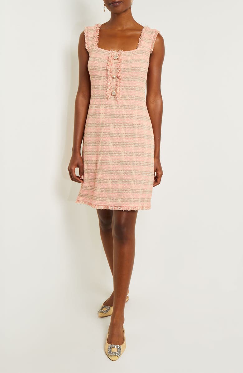 Misook Fringe Detail Tweed Dress, Main, color, Porcelain Pink Multi
