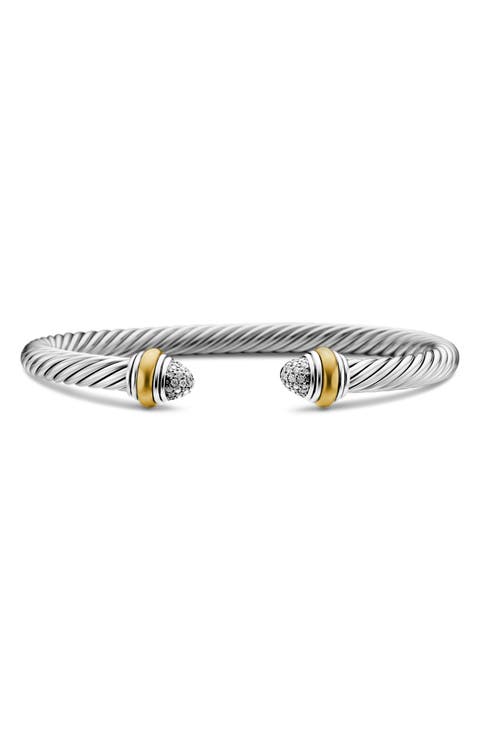 Classic Cable Bracelet in Sterling Silver with 14K Yellow Gold and Pavé Diamond Domes, 5mm