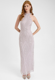 BEAUUT Embellished Sequin Beaded Maxi Dress With Halter Neck