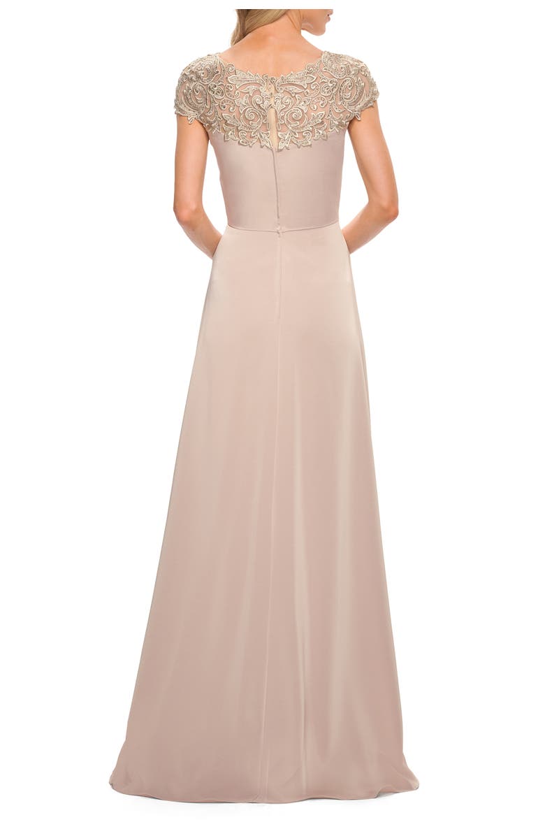 La Femme Jersey Gown with Full Skirt and Lace Detail Top, Alternate, color, Champagne