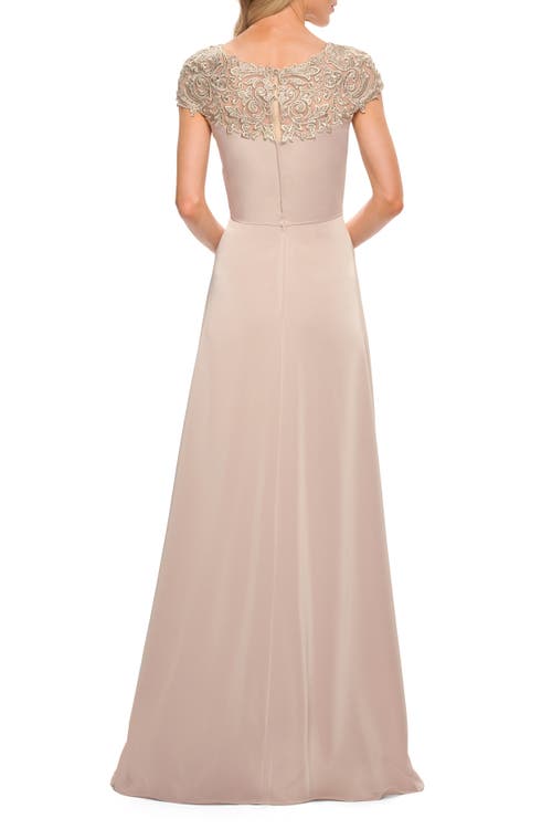 La Femme Jersey Gown With Full Skirt And Lace Detail Top In Champagne