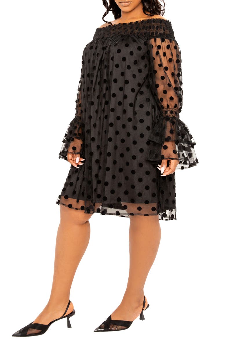 BUXOM COUTURE Flock Dot Off the Shoulder Dress, Alternate, color, Black