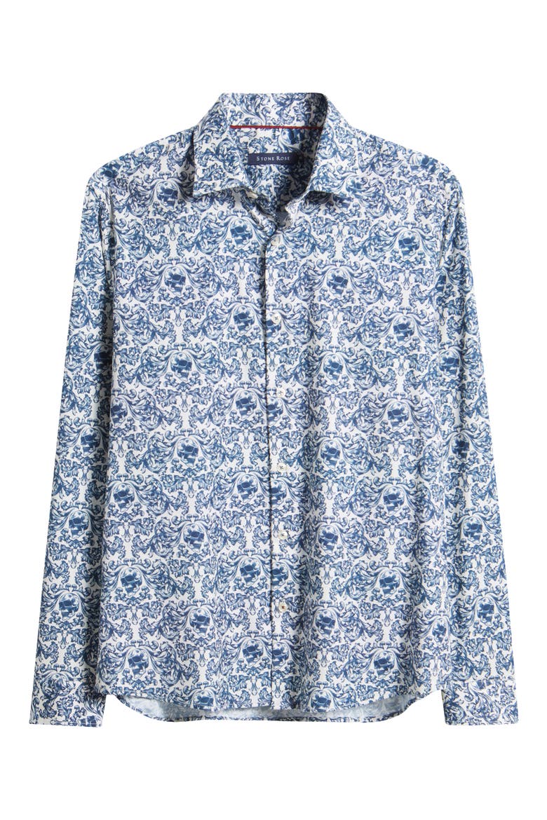 Fancy Skulls Button-Up Shirt, Alternate, color, BLUE/CREAM