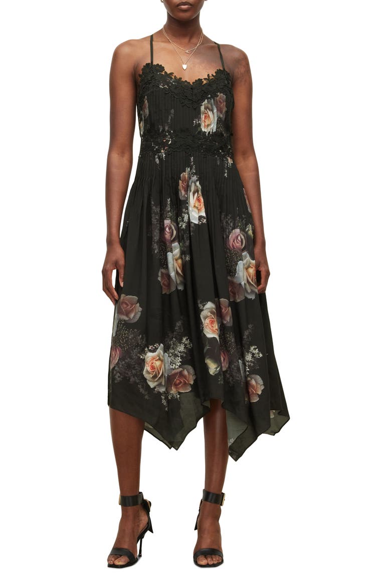 Floral Print Pleat Dress, Main, color, BLACK