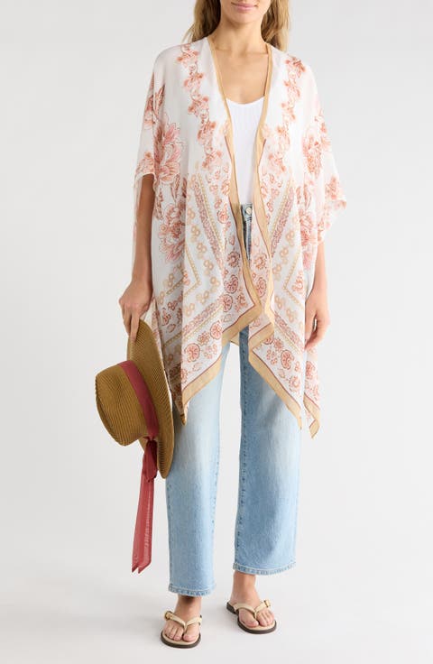 Floral Scarf Print Ruana & Straw Hat Set