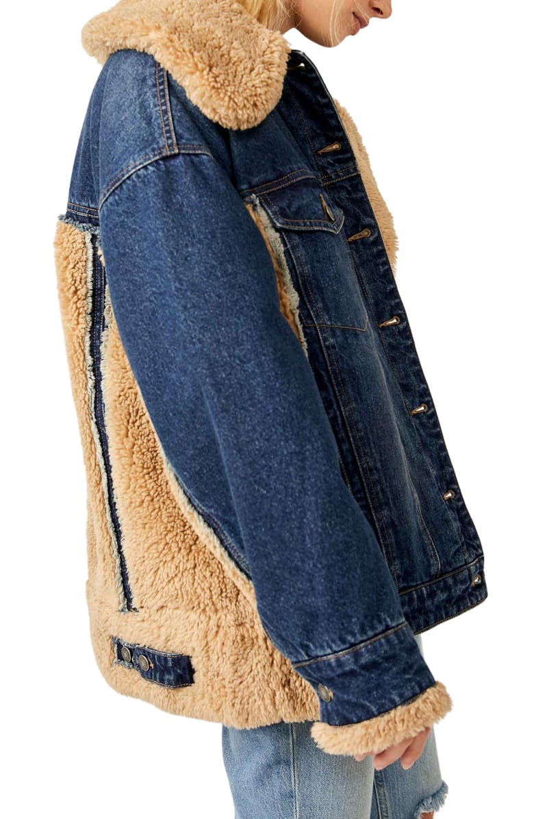 Free People Holly Oversize Denim Jacket with Faux Fur Trim, Alternate, color,