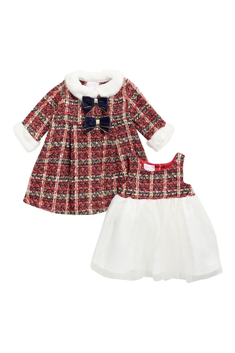 Kids' Plaid Bouclé Coat & Dress Set, Main, color, BRIGHT HOLIDAY RED