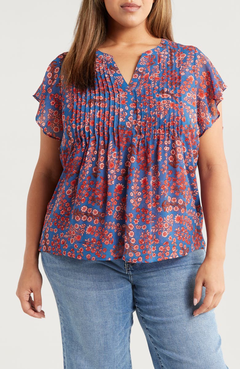 Liverpool Los Angeles Floral Print Pintuck Flutter Sleeve Top, Main, color,