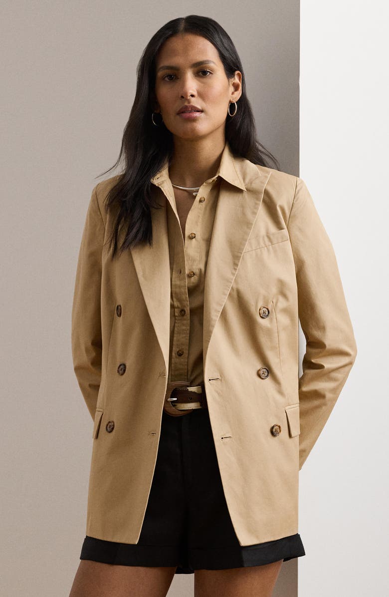 Lauren Ralph Lauren Double Breasted Cotton Twill Blazer, Alternate, color, Birch Tan