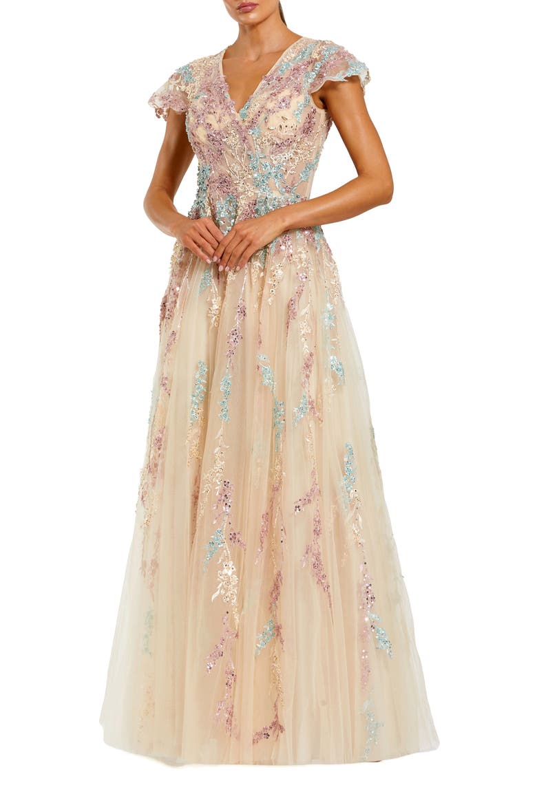 Embellished Net Wrap Flutter Sleeve Gown, Main, color, Nude Multi