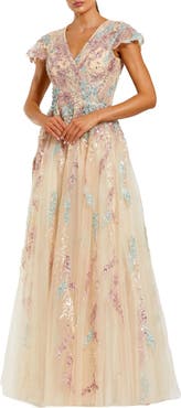 Mac Duggal Embellished Net Wrap Flutter Sleeve Gown