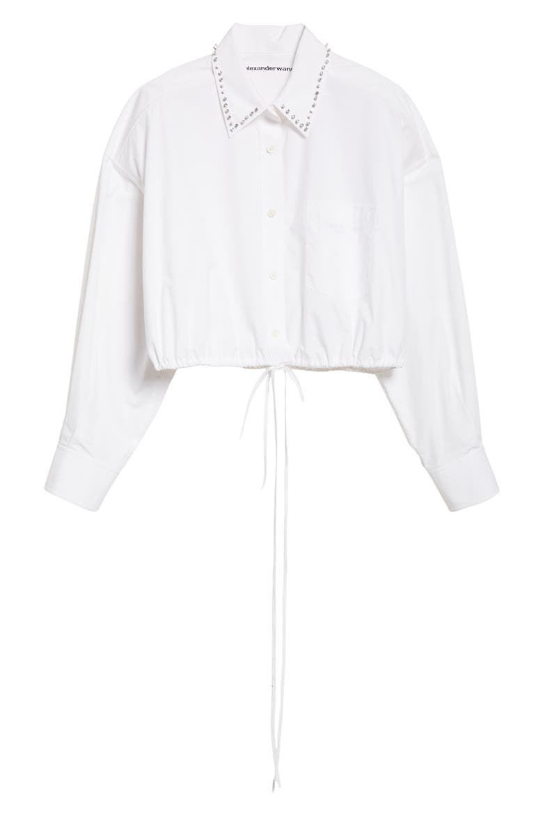 Crystal Stud Crop Drawstring Waist Cotton Button-Up Shirt, Alternate, color, WHITE