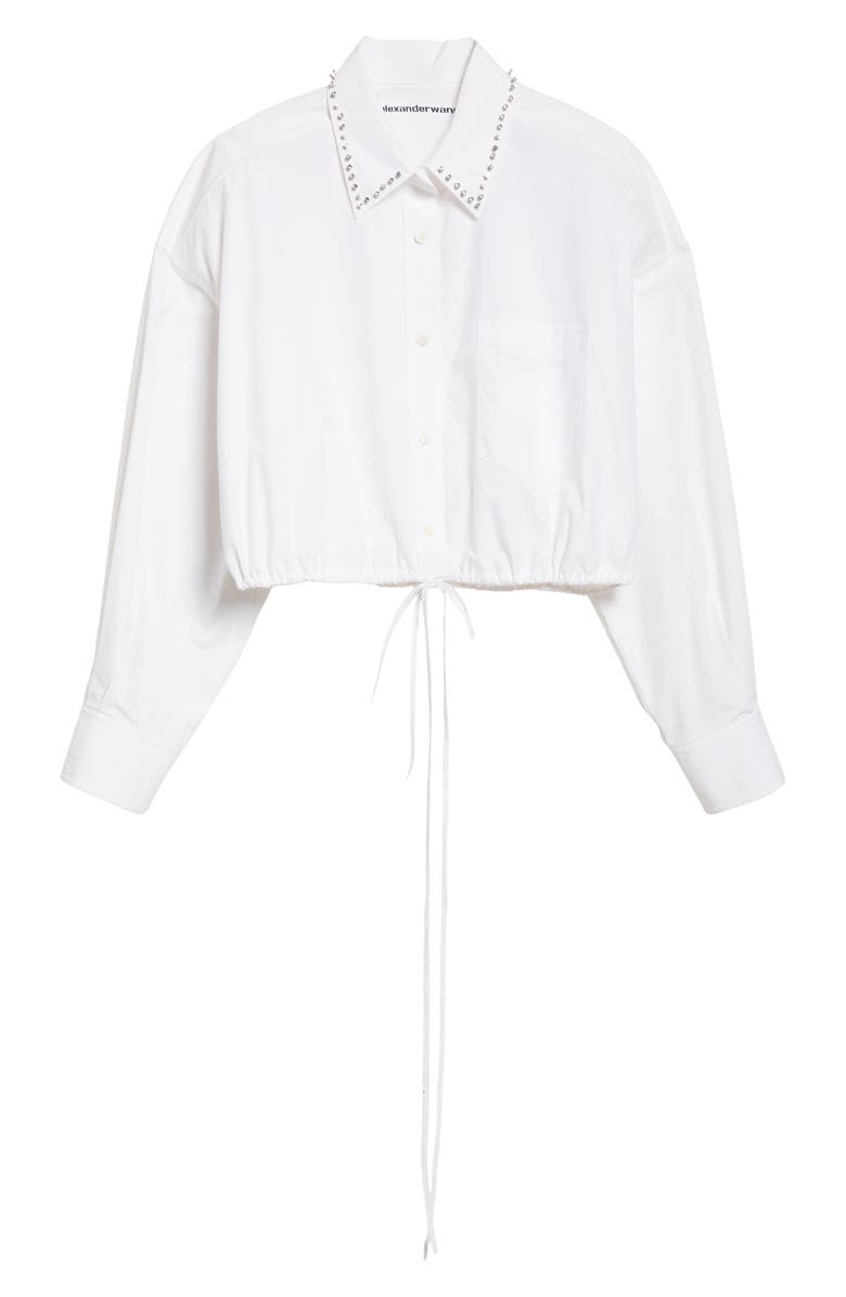 Alexander Wang Crystal Stud Crop Drawstring Waist Cotton Button-Up Shirt, Alternate, color, White