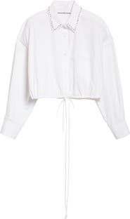 Alexander Wang Crystal Stud Crop Drawstring Waist Cotton Button-Up Shirt