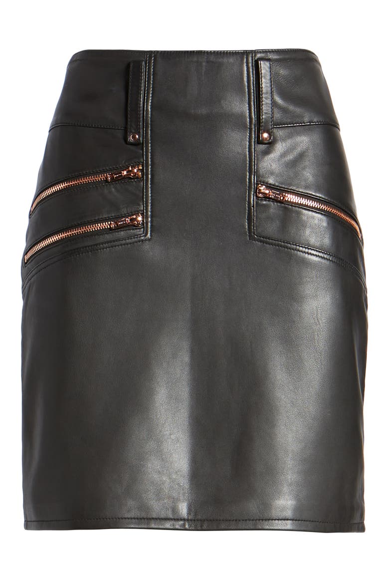 High Waist Moto Lambskin Leather Miniskirt, Alternate, color, BLACK