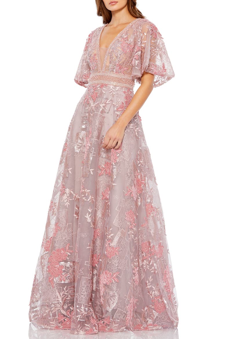 Embroidered Flounce Sleeve A-Line Gown, Main, color, PINK