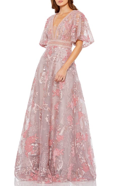 Embroidered Flounce Sleeve A-Line Gown