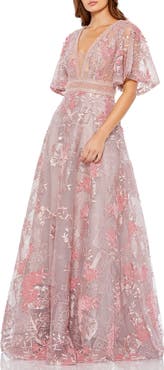 Mac Duggal Embroidered Flounce Sleeve A-Line Gown