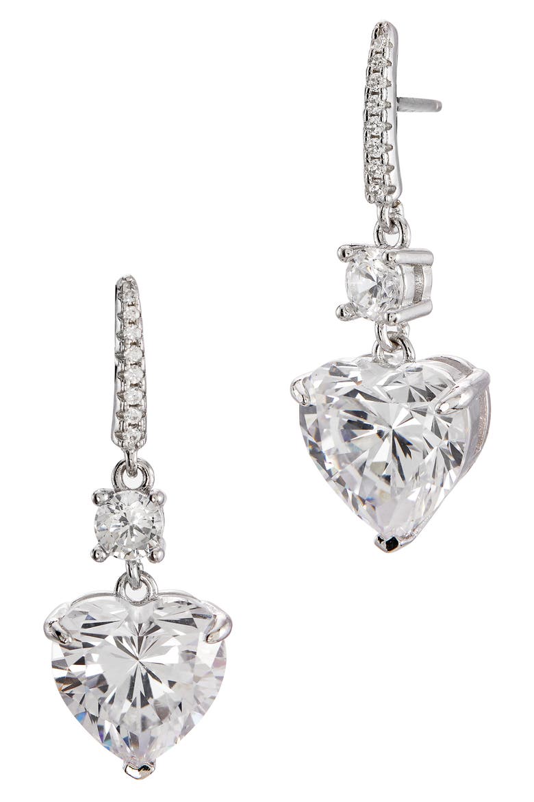 Rhodium Plated Sterling Silver Canary CZ Heart Drop Huggie Earrings, Main, color, WHITE