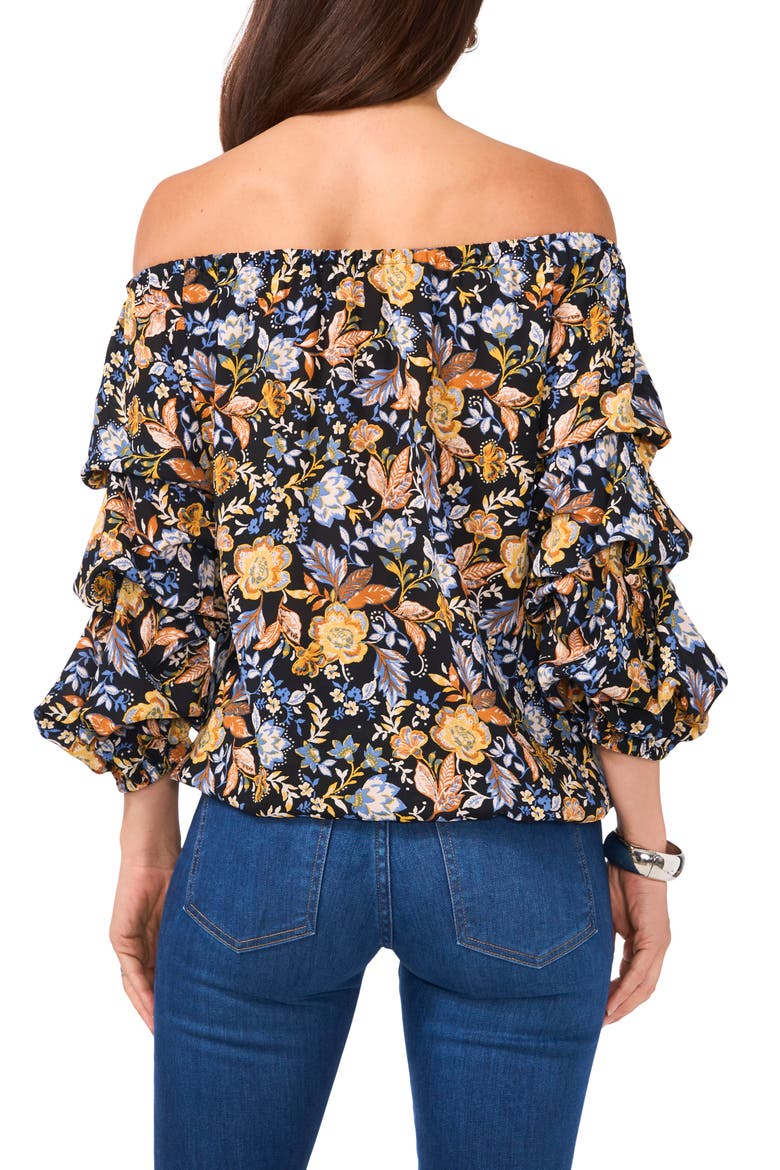 Floral Off the Shoulder Bubble Sleeve Top, Alternate, color, RICH BLACK